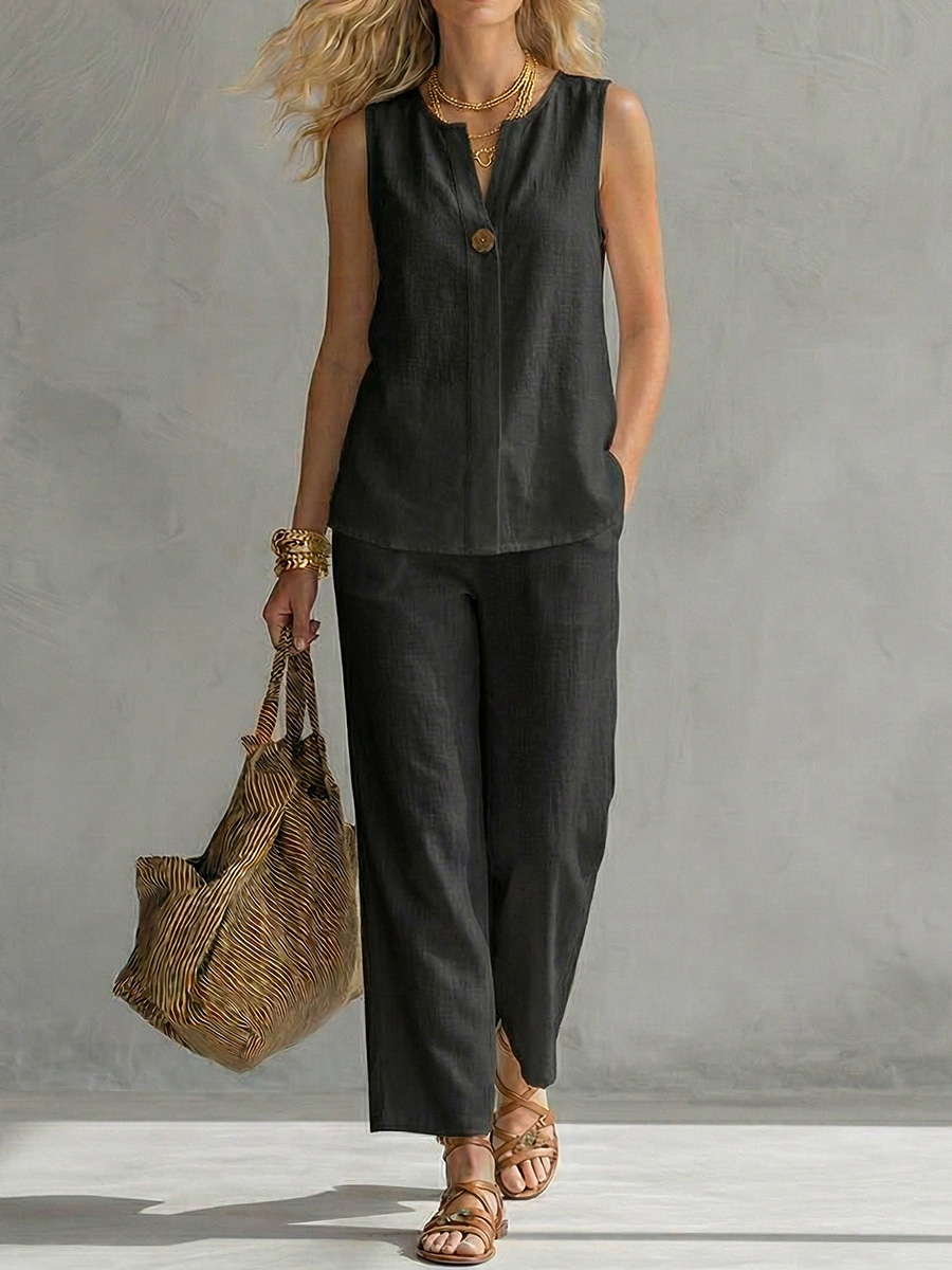 New Arrivals🔥Women's Cotton-linen Sleeveless V-neck Top And Pants Set