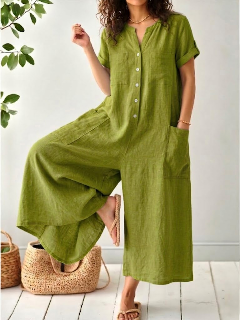 Casual Short-sleeve Linen-cotton Wide-leg Jumpsuit