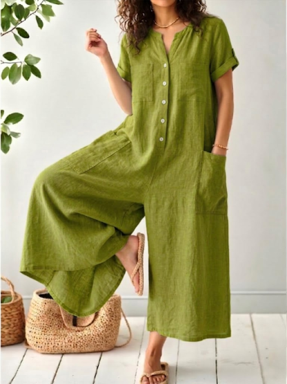 Casual Short-sleeve Linen-cotton Wide-leg Jumpsuit
