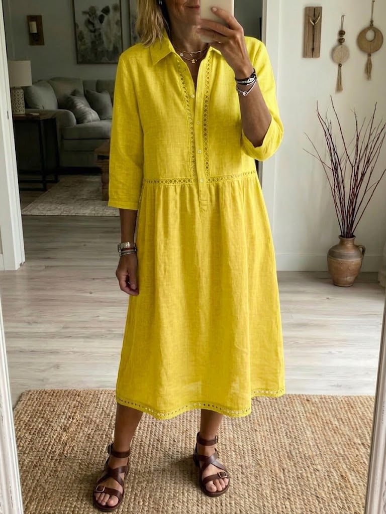 Casual Patchwork Openwork Ribbon Linen And Cotton Dress