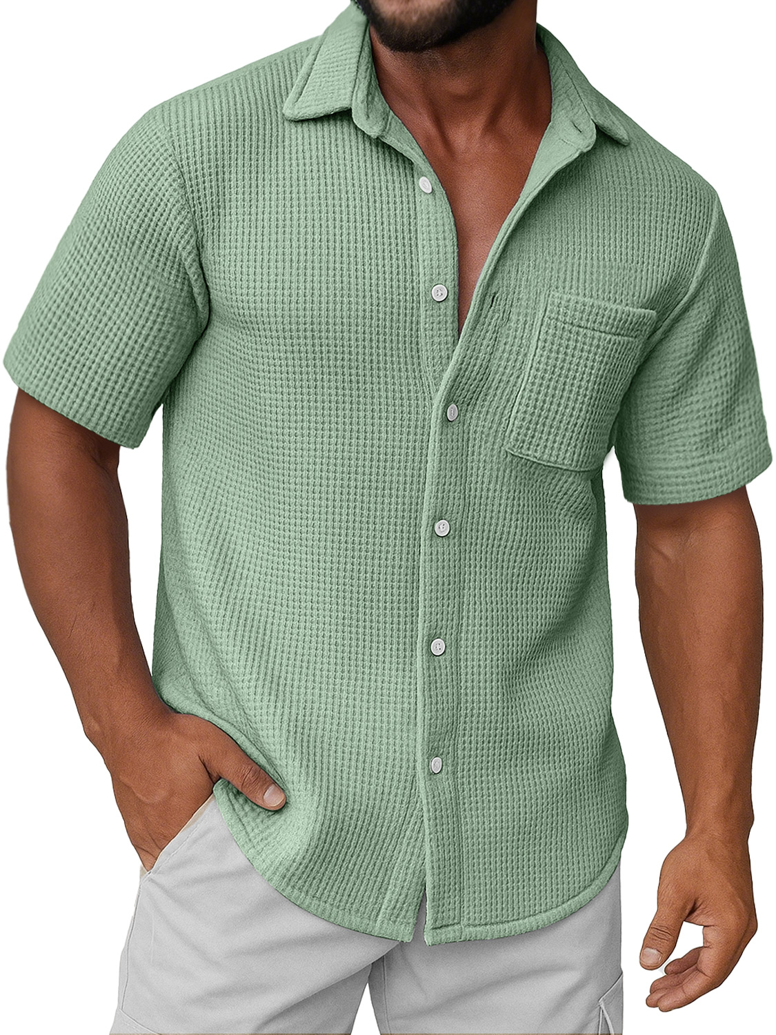 Men's Daily Waffle Texture Casual Pocket Comfort Short Sleeve Shirt
