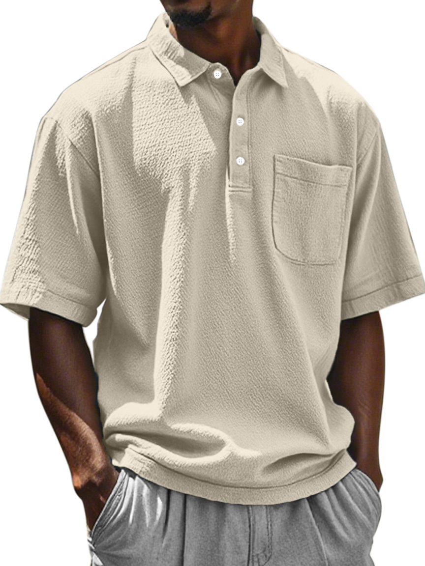 Men's Daily Solid Color Textured Lapel Short-sleeved Polo Shirt