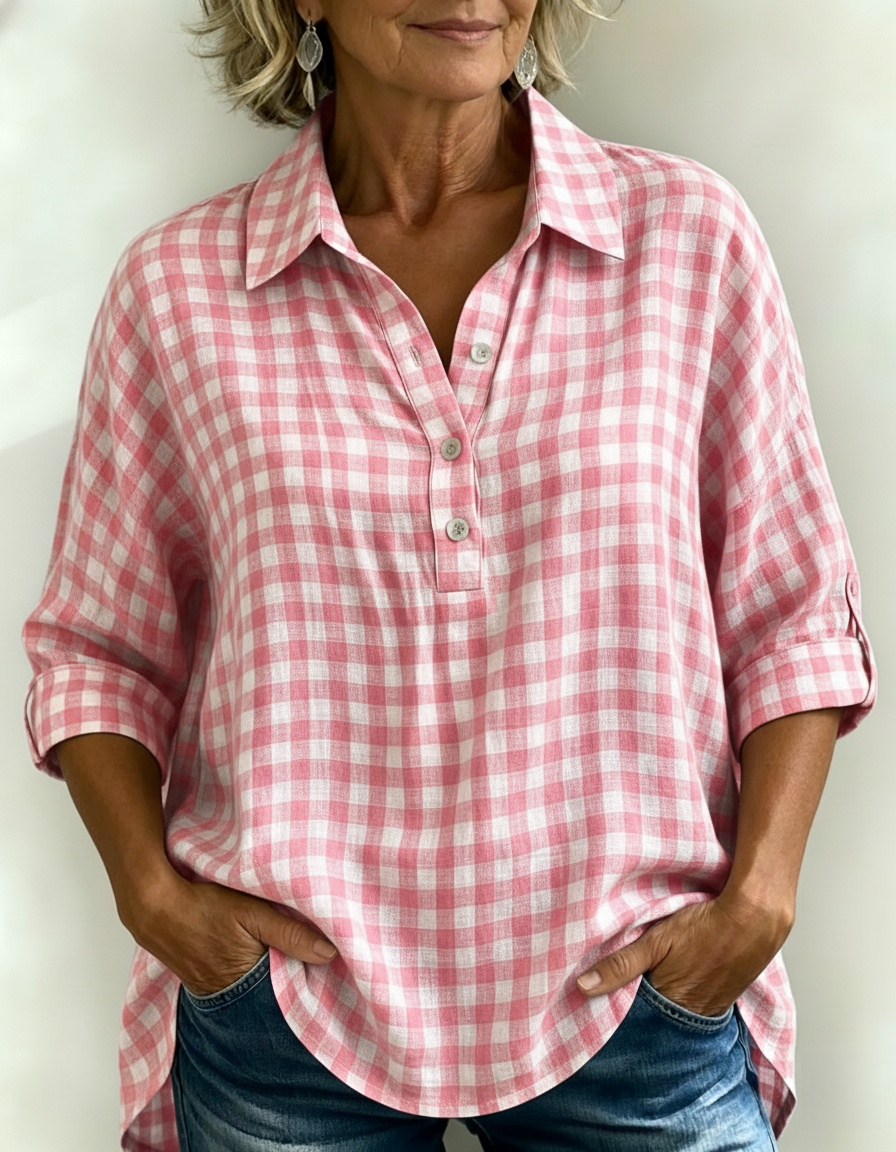 New Arrivals🔥Women's Gingham Henley Linen Look Shirt