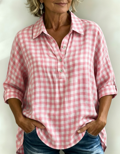 New Arrivals🔥Women's Gingham Henley Linen Look Shirt