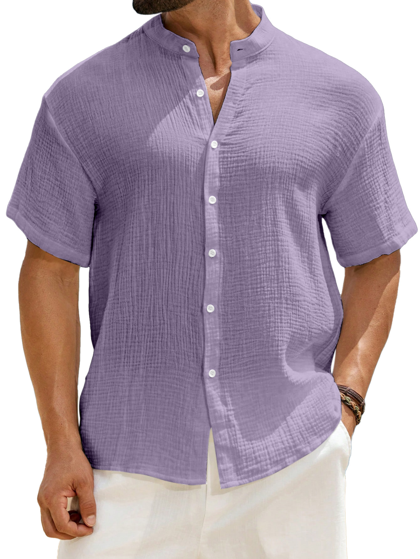 Men's Casual Solid Color Breathable Pleated Texture Stand Collar Short-sleeved Button-down Shirt