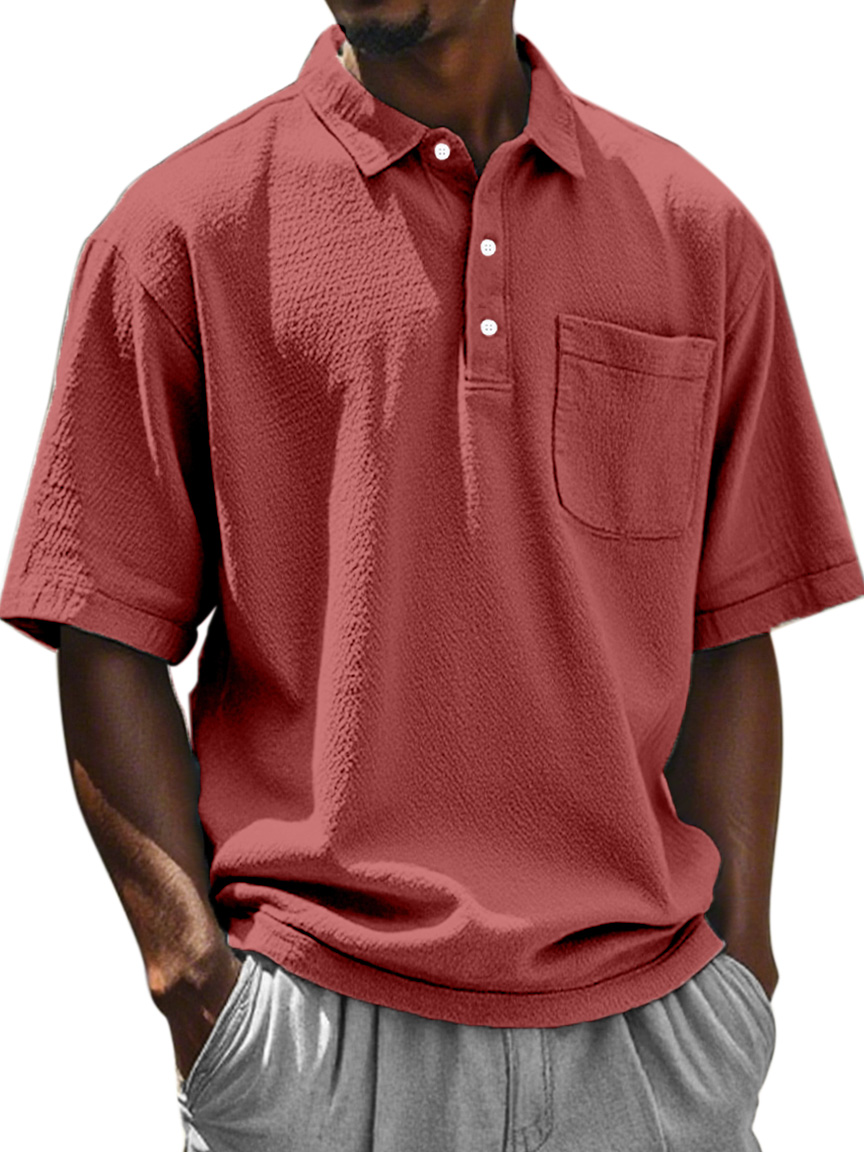 Men's Daily Solid Color Textured Lapel Short-sleeved Polo Shirt