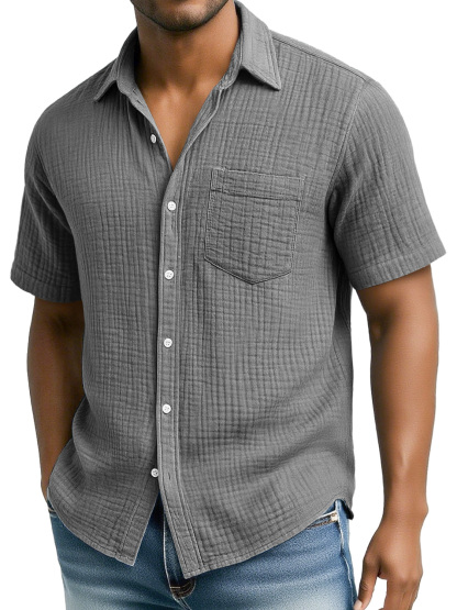 Men's Daily Pleated Texture Casual Pocket Comfort Short Sleeve Shirt