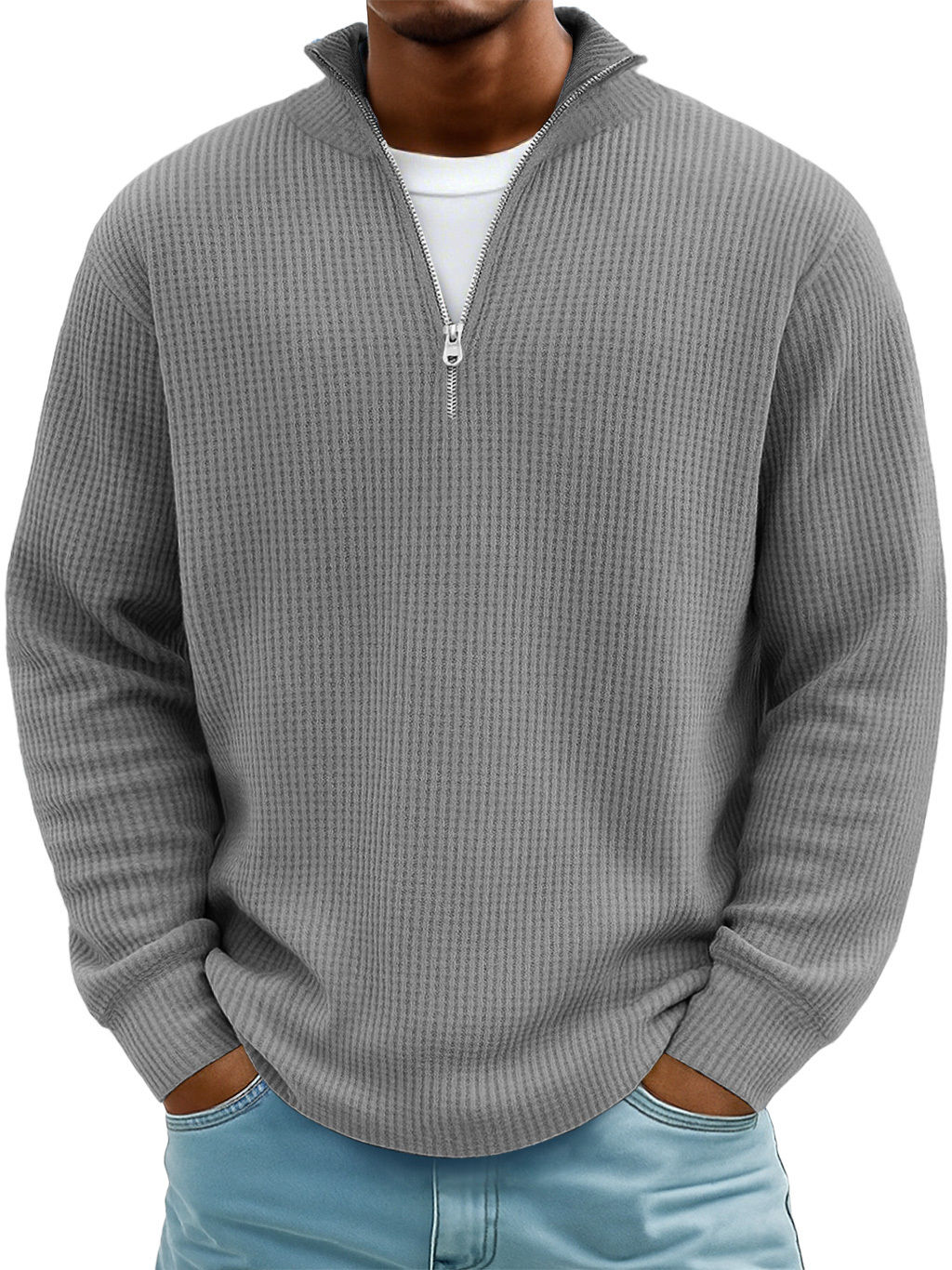 Men's Casual Simple Breathable Fabric Stand Collar Zipper Long Sleeve T-shirt