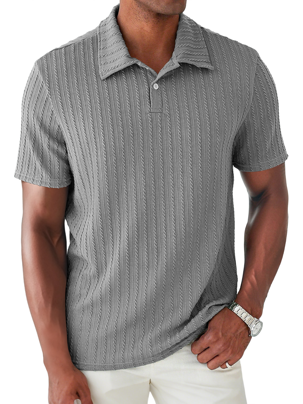 Men's Daily Jacquard Texture Lapel Button Casual Short Sleeve POLO Shirt