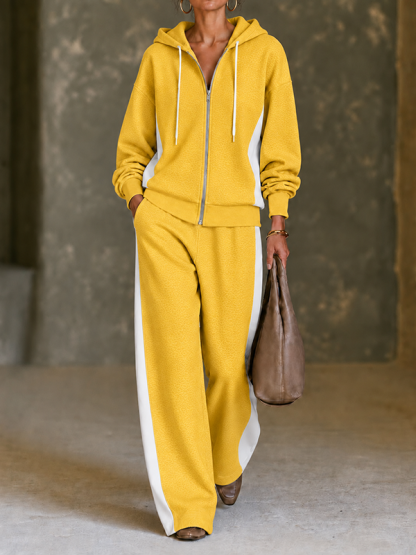 CLEARANCE SALE🔥Women’s Color-Block Zip-Up Hooded Jacket and Wide-Leg Pants Two-Piece Set