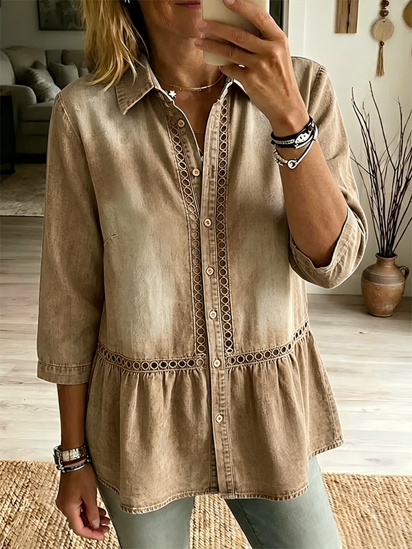 CLEARANCE SALE🔥Women's Casual Denim Shirt With Spliced cut-out Lace Detailing