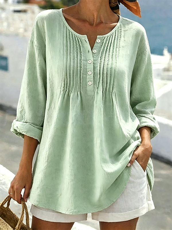 New Arrivals🔥Women's Solid Color Round Neck Long-sleeved Casual Loose Pleated Cotton And Linen Top