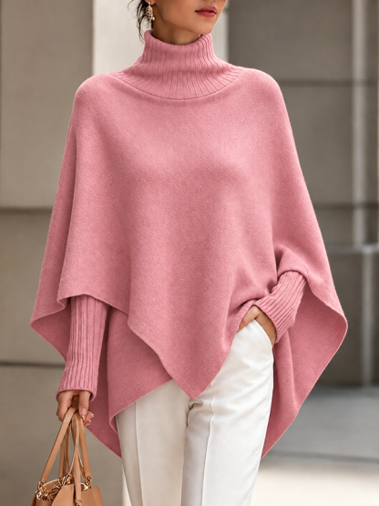 CLEARANCE SALE🔥Women's Solid-Color High-Neck Long-Sleeve Loose-Fit Cape-Style Knit Top