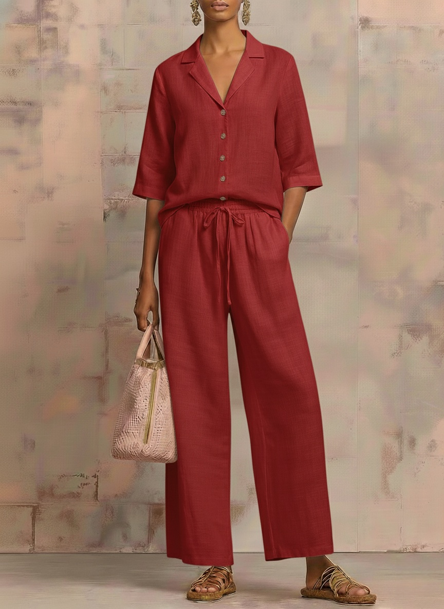 New Arrivals🔥Vintage Cuban Collar Metal Button Linen Cotton Two-piece Set