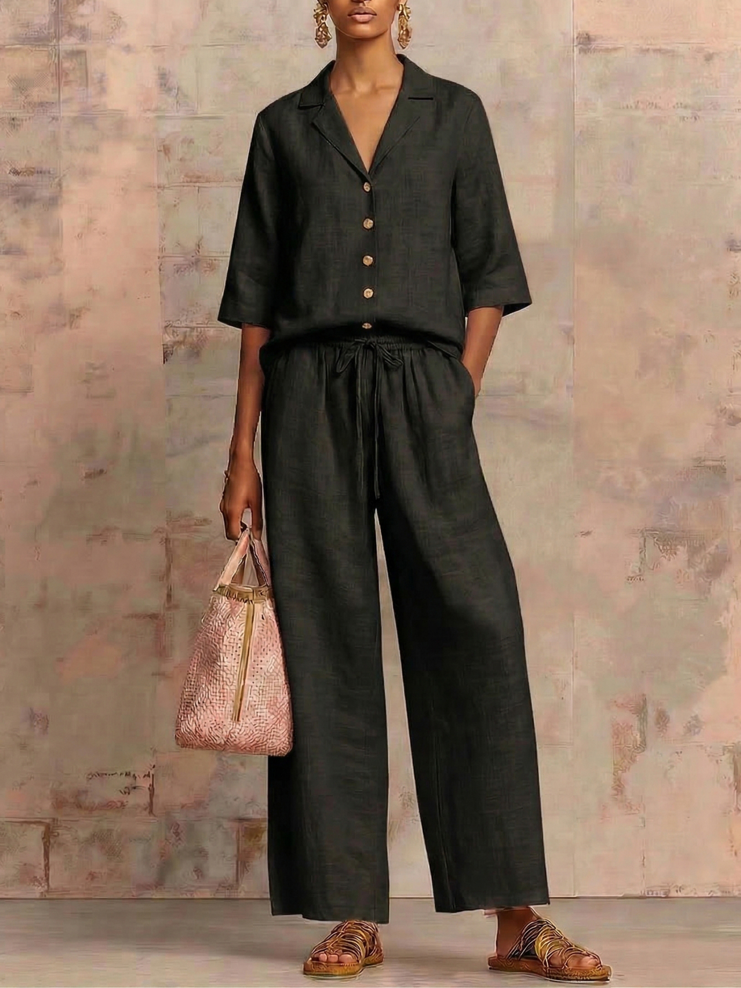 New Arrivals🔥Vintage Cuban Collar Metal Button Linen Cotton Two-piece Set