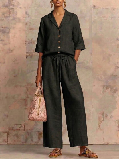 New Arrivals🔥Vintage Cuban Collar Metal Button Linen Cotton Two-piece Set