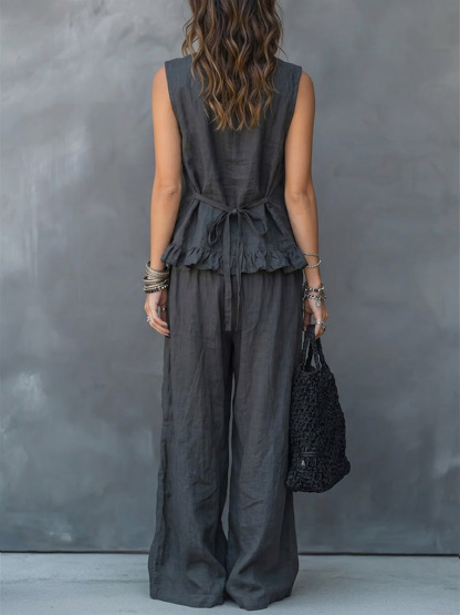 Women's V-neck Sleeveless Casual Loose Cotton Top With Elastic Waist And Wide-leg Pants Cotton Linen Set