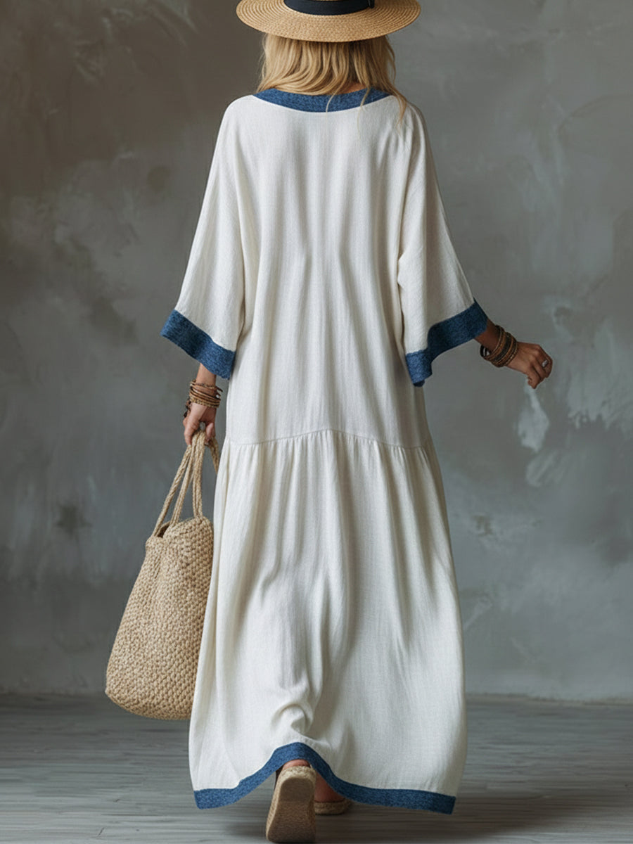 Loose And Cozy Patchwork Denim Dress With Contrasting Trim.