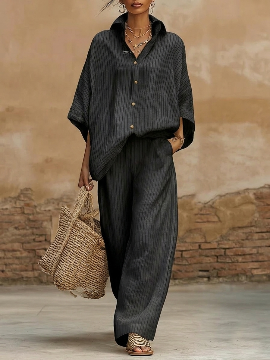 New Arrivals🔥Women's Elegant Classic Striped Shirt And Wide-leg Pants Two-piece Set