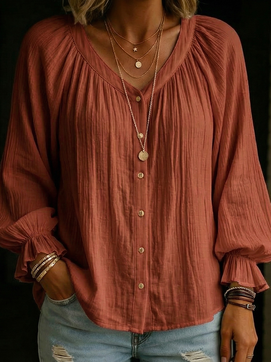 Women's Long Lantern Sleeves Cotton Shirt