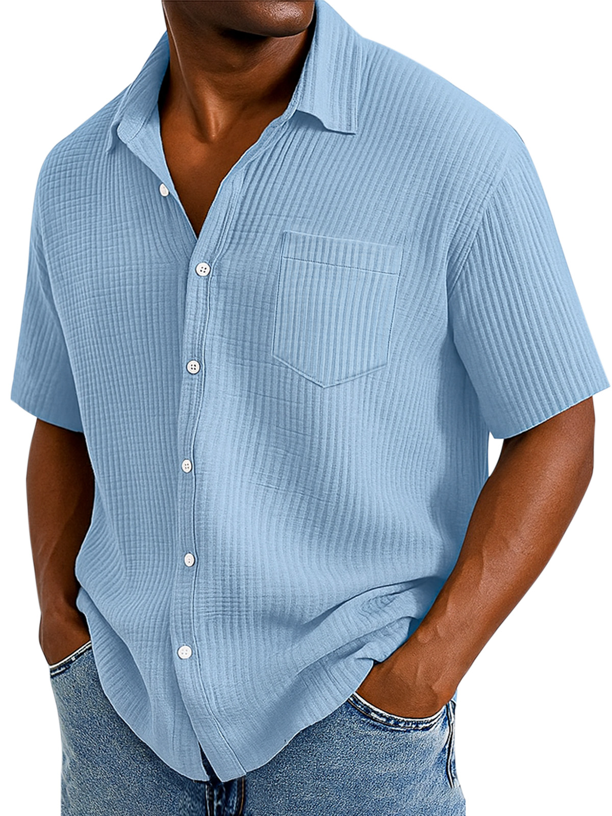 Men's Casual Cotton Breathable Pleated Pocket Short Sleeve Lapel Shirt