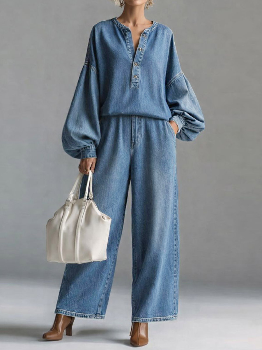 ⏰ LAST DAY SAVE 49% 💥Women’s Casual V-Neck Long Sleeve Denim Top with High-Waist Wide-Leg Jeans Set