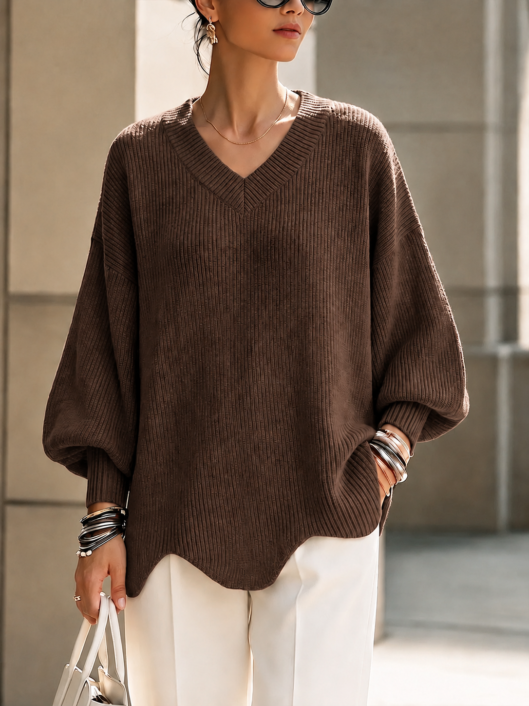 CLEARANCE SALE🔥Women's Solid Color V-neck Long-sleeved Casual Loose Pullover Knit Sweater