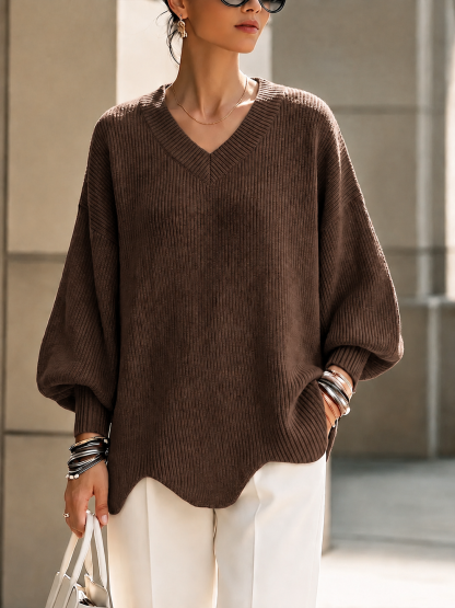 CLEARANCE SALE🔥Women's Solid Color V-neck Long-sleeved Casual Loose Pullover Knit Sweater