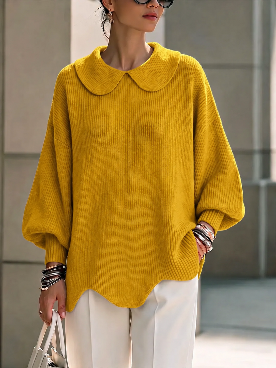 CLEARANCE SALE🔥Women's Solid Color Peter Pan Collar Long Sleeve Casual Loose Pullover Knit Sweater