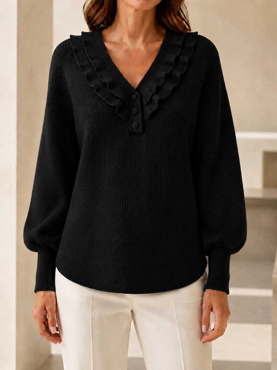  New Arrivals🔥Women’s Ruffle V-Neck Button-Detail Knit Sweater with Balloon Sleeves
