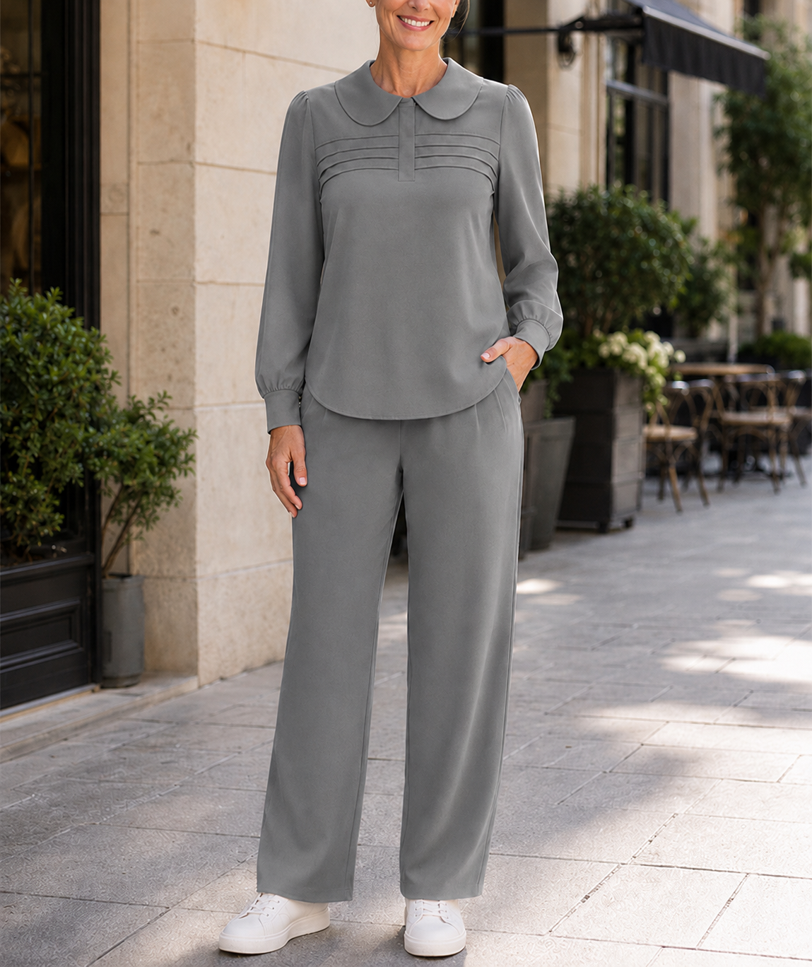 CLEARANCE SALE🔥Women’s Elegant Peter Pan Collar Pleated Detail Two-Piece Pants Set