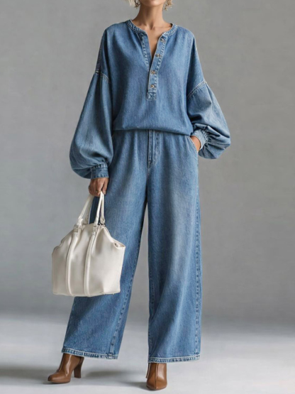 ⏰ LAST DAY SAVE 49% 💥Women’s Casual V-Neck Long Sleeve Denim Top with High-Waist Wide-Leg Jeans Set