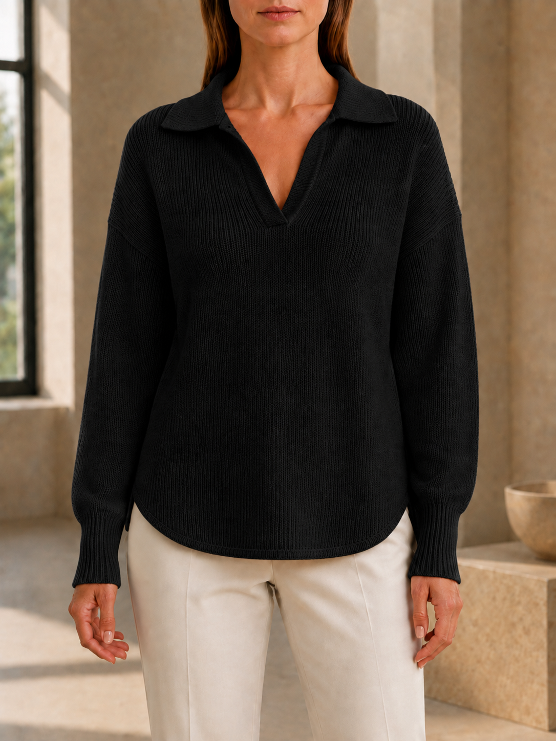 New Arrivals🔥Women’s Relaxed Polo Collar V-Neck Long Sleeve Knit Sweater
