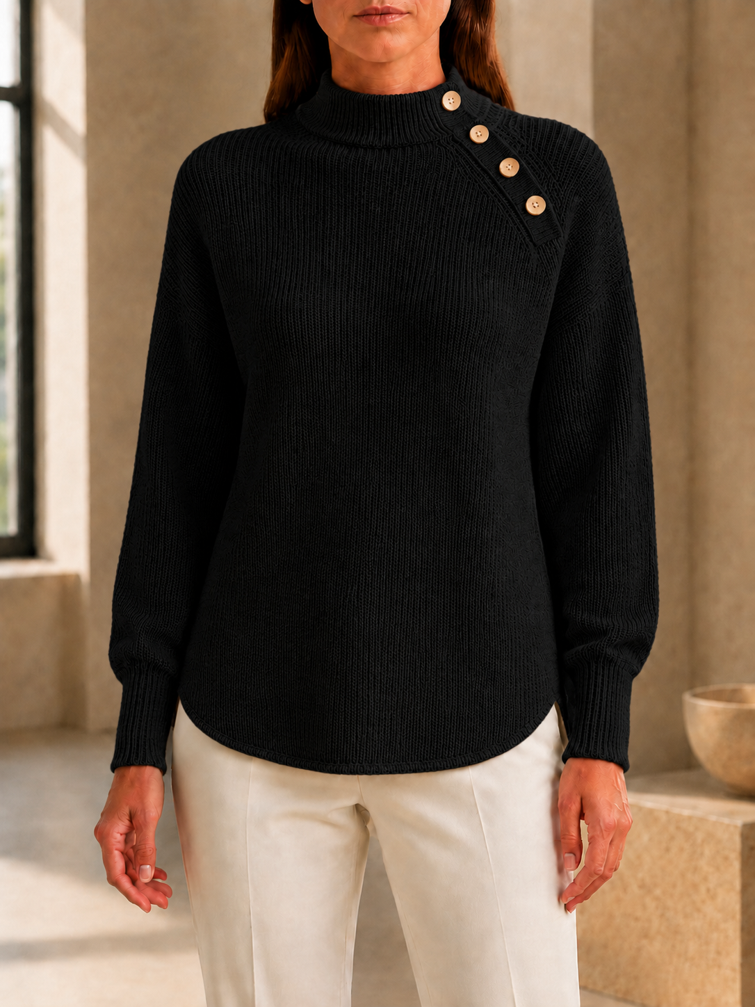CLEARANCE SALE🔥Women’s Mock Neck Button-Detail Relaxed Fit Knit Sweater