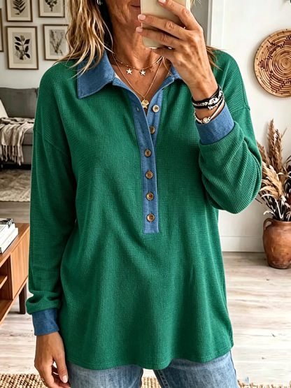 Women's Denim Trim Waffle Knit Henley Top