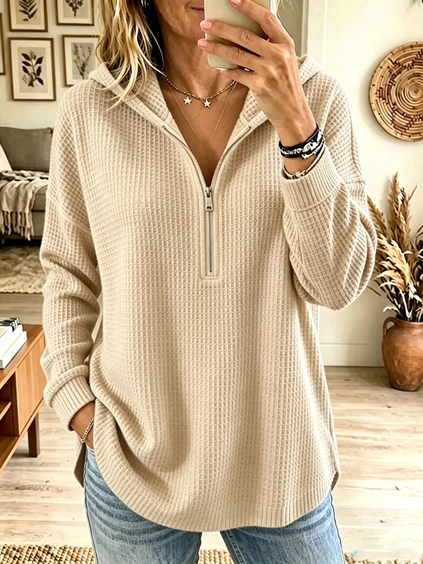 CLEARANCE SALE🔥Women's Half-Zip Waffle Knit Hooded Pullover