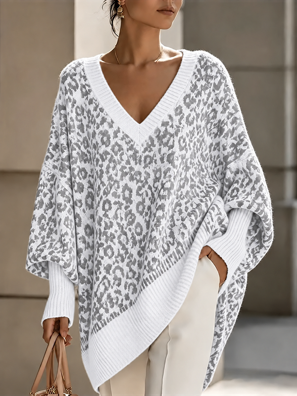 New Arrival🔥Women’s Leopard Print V Neck Oversized Knit Poncho Sweater