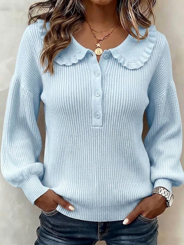 CLEARANCE SALE💥Ruffled Ribbed Knit Sweater With Partial Button Placket