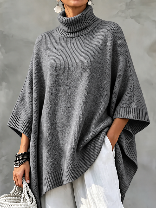 CLEARANCE SALE🔥Women’s Turtleneck Oversized Knit Poncho Sweater with Asymmetrical Hem