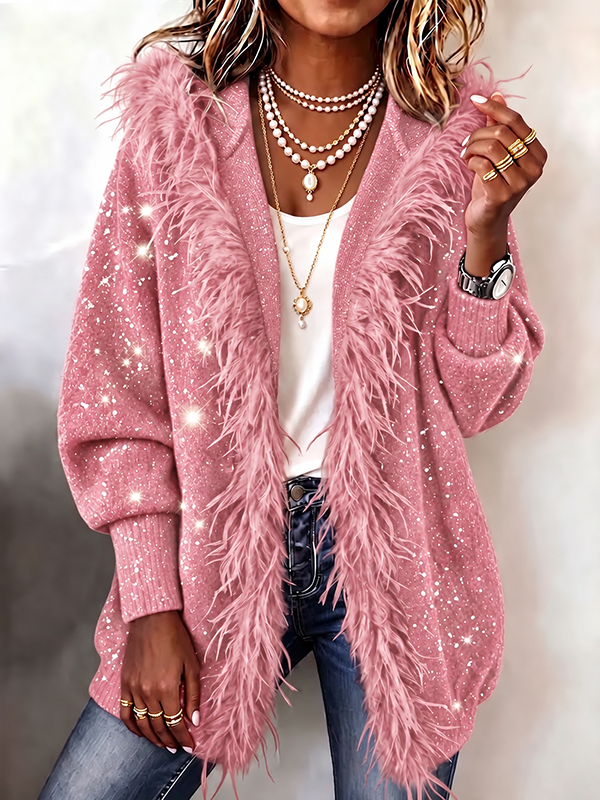 Women’s Sequin Feather-Trim Open-Front Party Cardigan Jacket