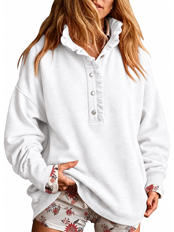 Women’s Ruffle Collar Henley Button Relaxed Fit Sweatshirt