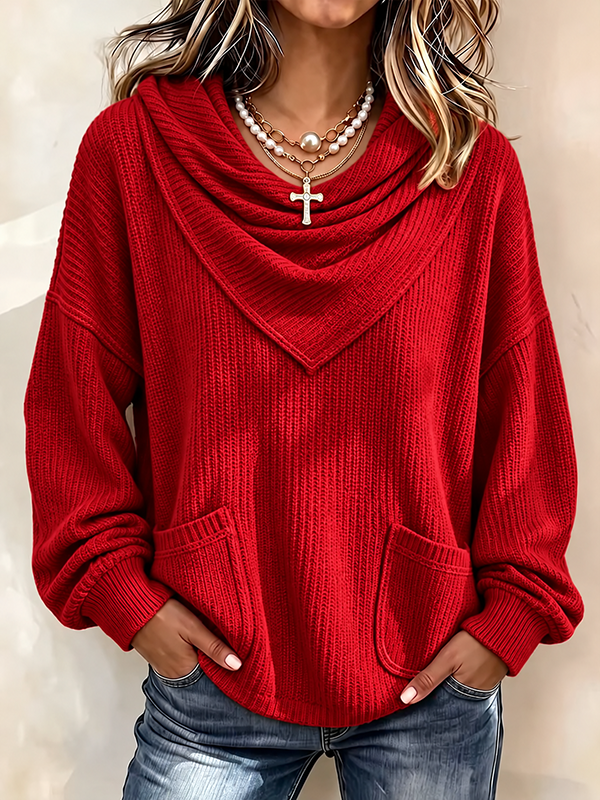 CLEARANCE SALE🔥Women’s Draped Cowl Neck Ribbed Knit Pullover Sweater with Pockets