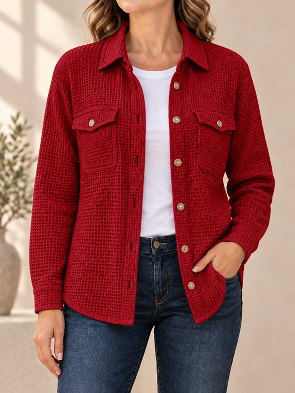 CLEARANCE SALE🔥Women’s Textured Waffle Knit Button Front Collared Shacket with Flap Pockets