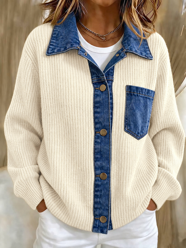 New Arrival 🔥Women’s Contrast Denim Collar Button Front Knit Cardigan with Chest Pocket