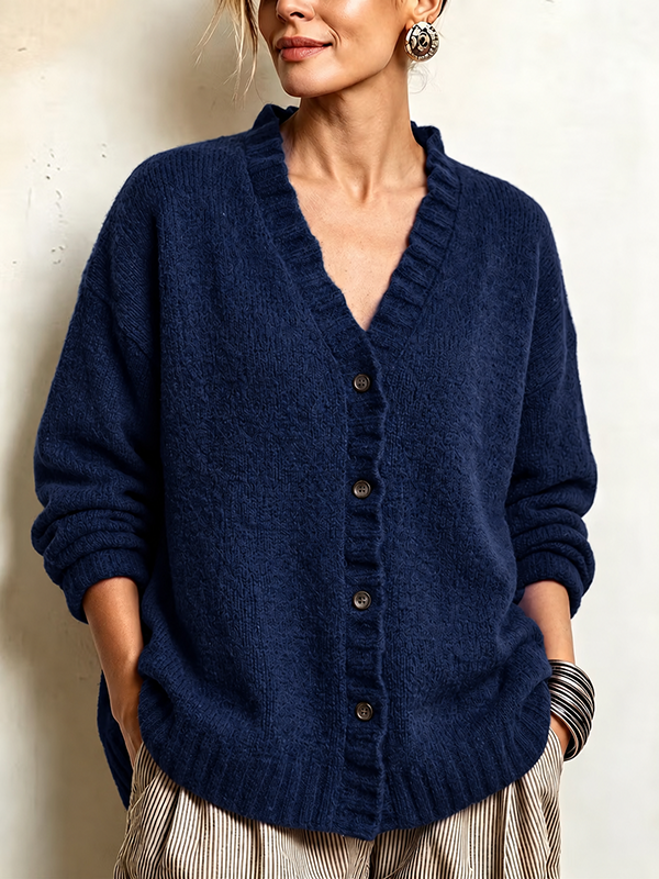 CLEARANCE SALE🔥Women’s Ruffle Trim V-Neck Button-Front Textured Knit Cardigan Sweater