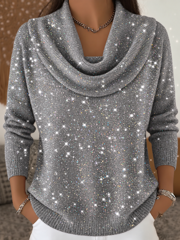 CLEARANCE SALE🔥Women’s Shimmer Cowl Neck Sparkle Knit Relaxed Fit Sweater