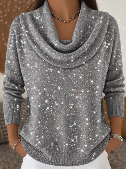 CLEARANCE SALE🔥Women’s Shimmer Cowl Neck Sparkle Knit Relaxed Fit Sweater