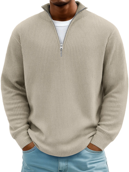 Men's Casual Simple Breathable Fabric Stand Collar Zipper Long Sleeve T-shirt