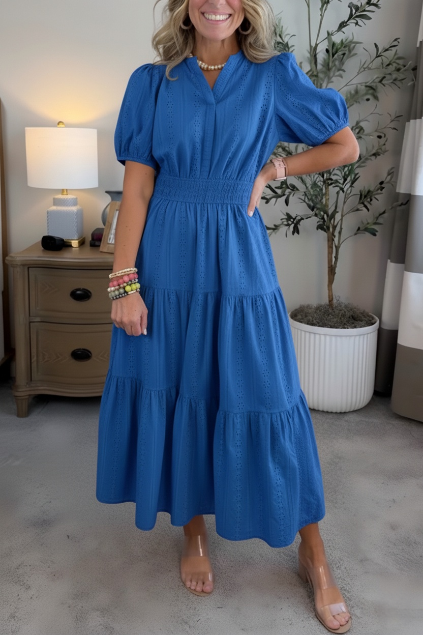 NEW🔥Women’s Puff Sleeve V-Neck Smocked Maxi Dress