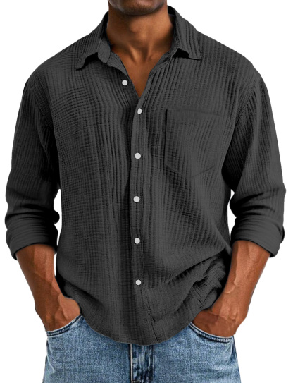 Men's Casual Solid Color Breathable Cotton Pleated Comfortable Lapel Long-sleeved Shirt